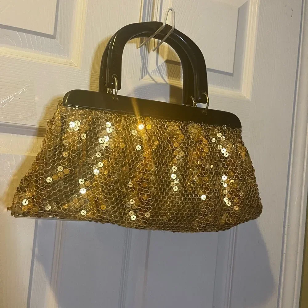 Gold Sequins with wooden black handles and frame handbag.